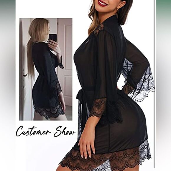 Womens Lingerie Robe Lace Kimono Robe Sexy Bathrobe Babydoll Nightgown Large - Picture 3 of 6